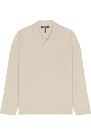WAO The Textured Long Sleeve Polo in Beige - Brown. Size L (also in M, S, XL/1X).