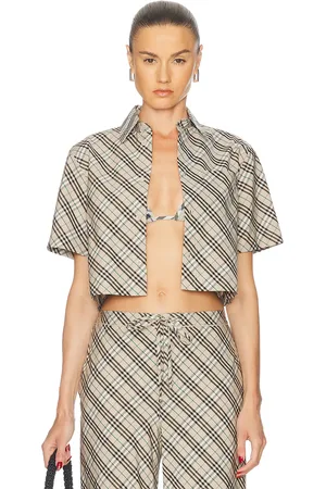 Burberry Short Sleeve Button Up Top in Husk IP Check - Cream. Size 4 (also in 6).