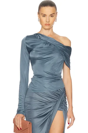 Atlein Off The Shoulder One Sleeve Ruched Top in Orage - Blue. Size 34 (also in 38, 40).
