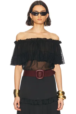 Saint Laurent Sheer Off The Shoulder Blouse in Noir - Black. Size 34 (also in 36, 38, 40).