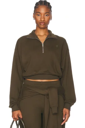 ÉTERNE Cropped Half-Zip Sweatshirt in Moss - Army. Size L (also in S).