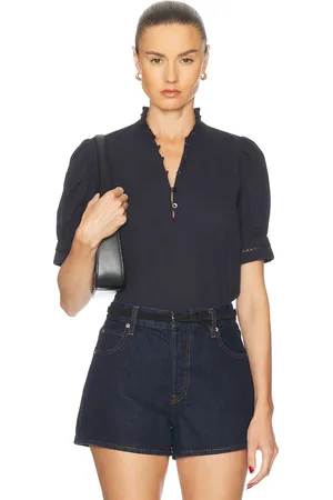 Frame The Ruffle Collar Top in Navy - Navy. Size M (also in S, XS).