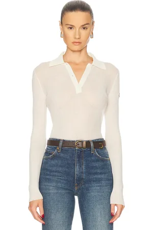 Moncler Long Sleeve Sheer Polo Top in White - White. Size L (also in M, S, XS).