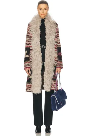 CHANEL Vintage Printed Fur Trimmed Coat in Multi - Beige. Size 42 (also in ).