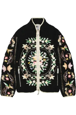 ADVISORY BOARD CRYSTALS Floral Fleece Zip Up in Black - Black. Size L (also in XL/1X).