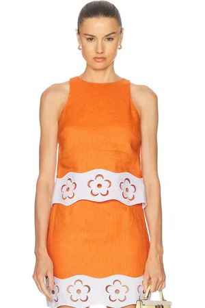 Staud Mika Linen Top in Apricot & White - Orange. Size L (also in S, XL, XS).