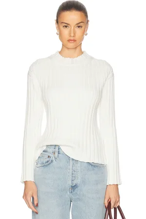 ENZA COSTA Chunky Cotton Fisherman Sweater in White - White. Size L (also in S, XS).