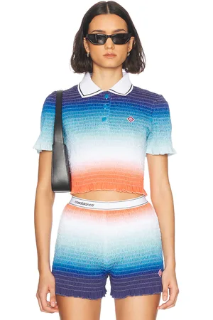Casablanca Gradient Shirred Polo Top in Gradient - Blue. Size L (also in M, XS).