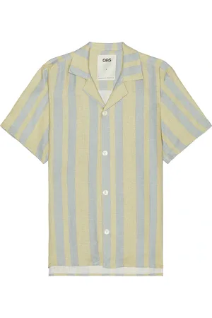 Oas Mist Strata Cuban Linen Shirt in Multi - Blue,Yellow. Size L (also in M, XL/1X).