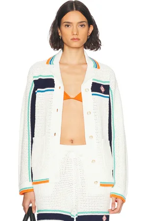 Casablanca Crochet Effect Tennis Shacket in Tennis Stripe - White. Size L (also in M, S).