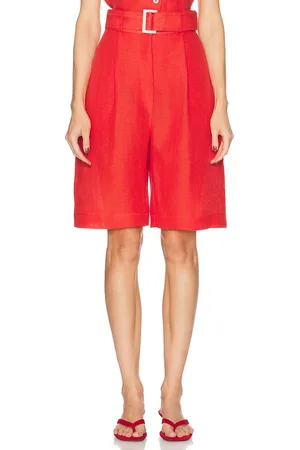 Matthew Bruch Pleated Bermuda Short in Red Linen - Red. Size 0 (also in 2, 4, 6, 8).