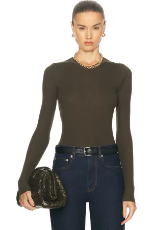 ENZA COSTA Silk Sweater Rib Longsleeve Crewneck Top in Army Green - Army. Size L (also in ).