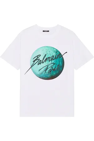 Balmain Paris & Planet T-Shirt in White Turquoise Blue & Black - White. Size L (also in M, XL/1X).