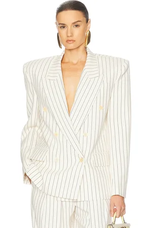 Helsa Pinstripe Double Breasted Blazer in Ivory & Brown Stripe - White. Size M (also in S).