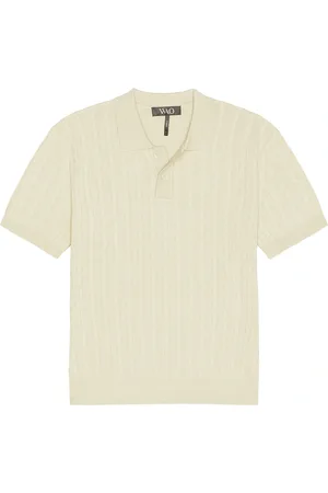 WAO Cable Knit Short Sleeve Polo in Beige - Cream. Size L (also in M, S, XL/1X).