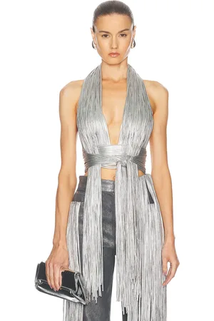 AREA Metallic Fringe Halter Top in Silver - Metallic Silver. Size XS (also in ).