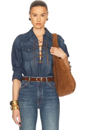 NILI LOTAN Collins Denim Shirt in Classic Wash - Blue. Size L (also in M, S, XS).