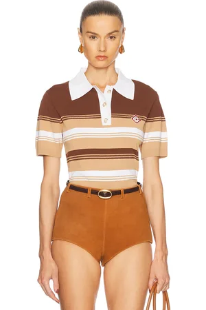 Casablanca Chicano Striped Polo Top in Beige & Brown - Brown. Size L (also in M, S, XS).