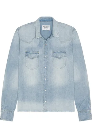 Midnight Distressed Denim Shirt in Blue Wash - Blue. Size L (also in M, S).
