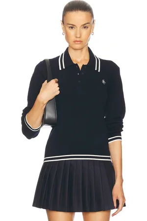 Sporty & Rich Cable Knit Polo Sweater in Navy & Cream - Navy. Size L (also in ).