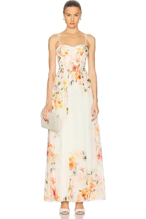 HEMANT AND NANDITA Saba Corseted Long Dress in Ivory Floral - Cream,Peach. Size L (also in M, S, XL, XS).