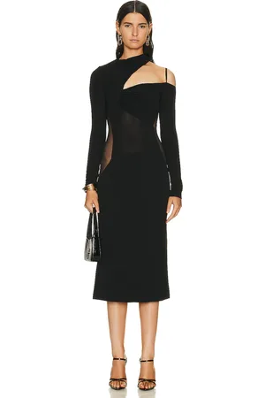 Nensi Dojaka Gathered Asymmetrical Long Sleeve Midi Dress in Black - Black. Size L (also in ).