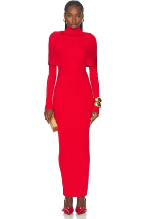 Balmain High Neck Pleated Knit Long Dress in Rouge - Red. Size 36 (also in ).