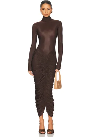Helsa The Super Sheer Ruched Dress in Cocoa Brown - Brown. Size L (also in M, S, XL, XS, XXS).