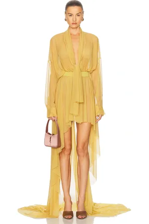 Norma Kamali Hi Low Super Oversized Boyfriend Shirt Flared Gown With Bow in Asparagus - Mustard. Size M (also in S, XS).