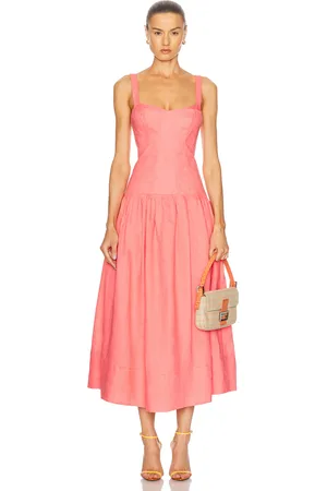 Nicholas Makenna Drop Waist Corset Midi Dress in Papaya - Coral. Size 8 (also in ).