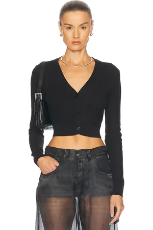 ENZA COSTA Linen Open Knit Cropped V-Neck Cardigan in Black - Black. Size L (also in ).