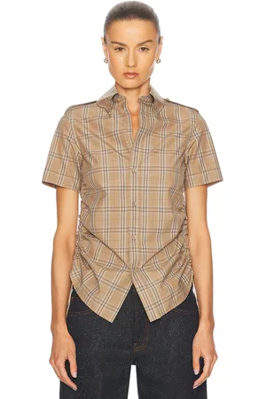 Burberry Button Up Top in Nut Ip Check - Tan. Size 4 (also in 6).