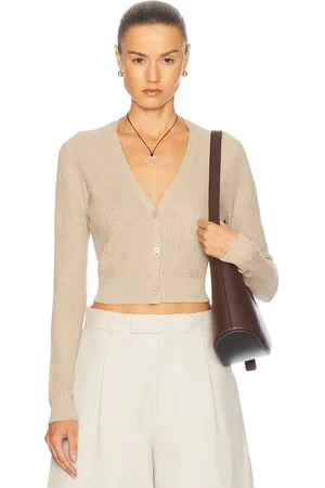 ENZA COSTA Linen Open Knit Cropped V-Neck Cardigan in Basalt - Beige. Size L (also in M, XS).