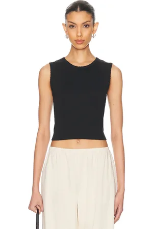 Leset Pointelle Sleeveless Crewneck Top in Black - Black. Size L (also in M, S, XL, XS).