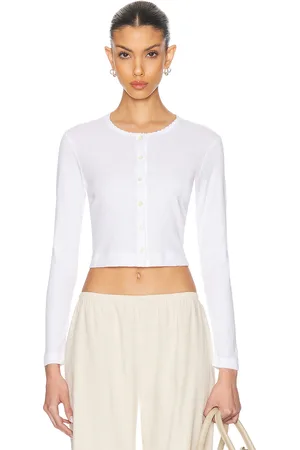 Leset Pointelle Crop Cardigan in White - White. Size L (also in M, S, XL, XS).