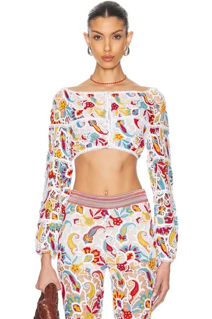 Etro Long Sleeve Cropped Top in Multicolor On White Base - White,Orange. Size 36 (also in 38).