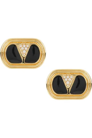 VALENTINO GARAVANI Ovalette Logo Earrings in Oro Nero & Crystal - Metallic Gold. Size all.