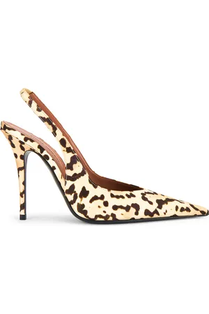 Amina Muaddi Anok 105 Print Satin Sling Pump in Leopard - Brown. Size 36 (also in 36.5, 37, 37.5, 38.5, 39, 40, 41).