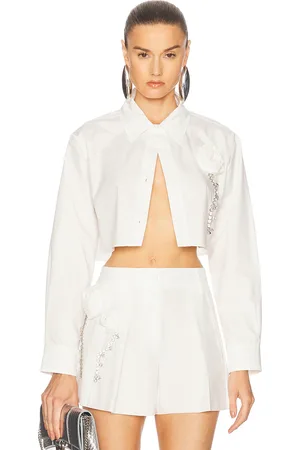 AREA Crystal Rosette Poplin Cropped Shirt in Off White - Ivory. Size 0 (also in 2, 4, 6).