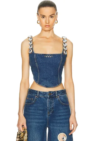 AREA Jumbo Crystal Denim Corset Top in Medium Wash - Denim-Medium. Size 0 (also in ).