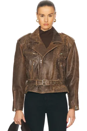 R13 Exaggerated Shoulder Motorcycle Jacket in Brown Leather - Brown. Size L (also in ).