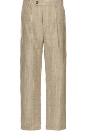 Corridor Plaid Linen Pleated Trouser in Natural - Brown. Size 31 (also in 32, 33, 34, 36).