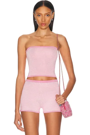 Calle Del Mar Micro Stripe Lycra Tube Top in Guava Stripe - Pink. Size L (also in M).