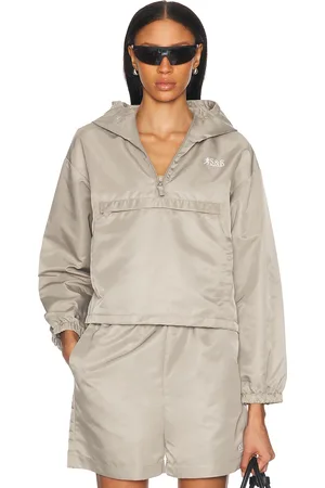 Sporty & Rich Runner Nylon Quarter Zip Sweatshirt in Elephant - Taupe. Size M (also in S, XS).