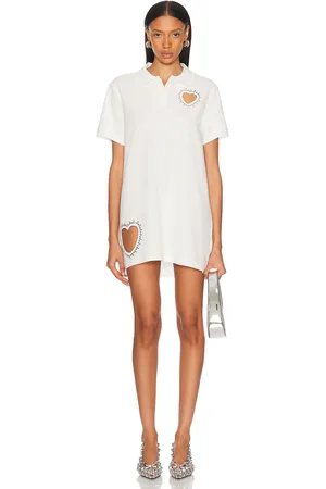 AREA Crystal Heart Cutout Polo Dress in White - White. Size L (also in M, S, XL, XS).