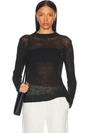 ENZA COSTA Linen Open Knit Crew Sweater in Black - Black. Size L (also in M, XS).