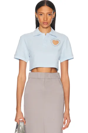 AREA Crystal Heart Cutout Cropped Polo Top in Baby Blue - Baby Blue. Size L (also in M, S, XL, XS).