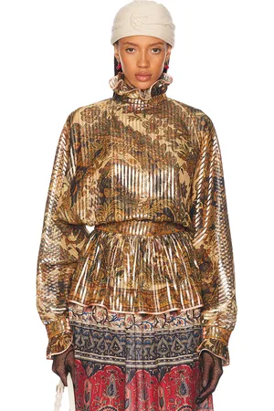 VALENTINO Voyage Imaginaire Top in Beige & Multicolor Marrone - Metallic Bronze. Size 36 (also in 38).