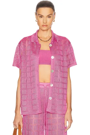 Calle Del Mar Short Sleeve Patchwork Shirt in Hibiscus - Pink. Size L (also in M, S).