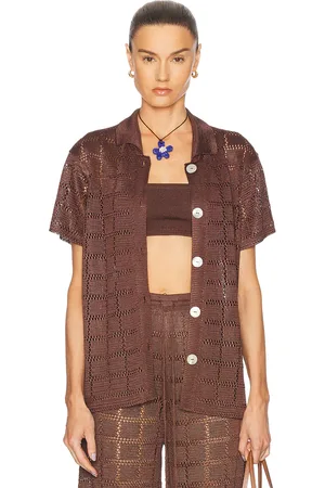 Calle Del Mar Short Sleeve Patchwork Shirt in Chocolate - Chocolate. Size M (also in S).